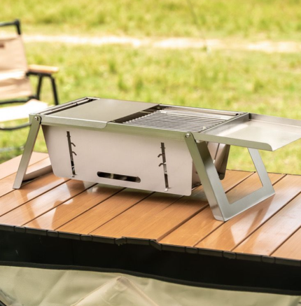 Stainless Steel Foldable Charcoal Grill - Portable for Home & Outdoor Use, Quick Storage for Skewers & Barbecue