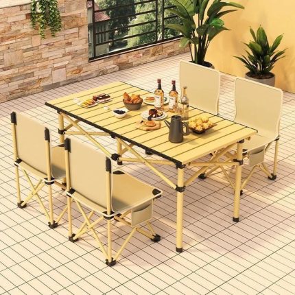 Outdoor Folding Table & Chairs Set - Portable 6-Person Capacity with Carbon Steel Alloy Construction, Includes Storage Bag for Camping
